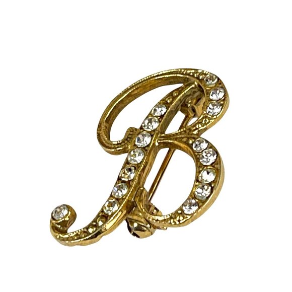 Gold-Tone "B" Initial Brooch Pin With Rhinestone Accents Textured Design - Picture 2 of 7